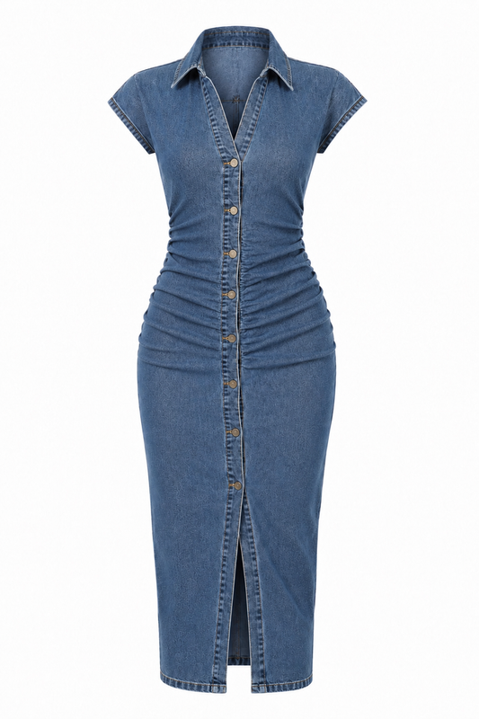 Denim Button Side Scrunch Cap Sleeve Maxi Dress