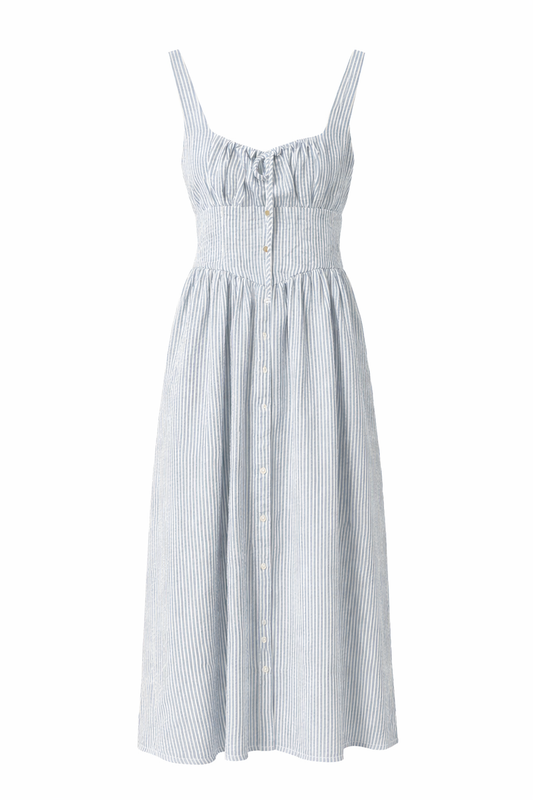 Stripe Linen Scrunch Back Tie Front Maxi Dress