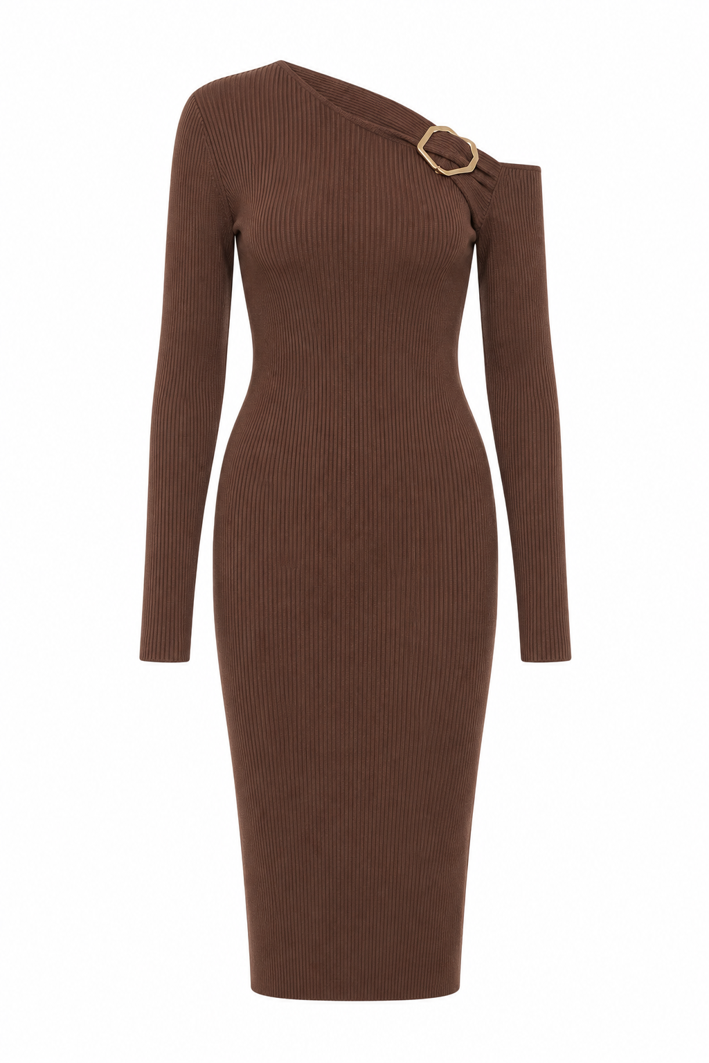 Asymmetrical Gold Accent Ribbed Sweater Dress