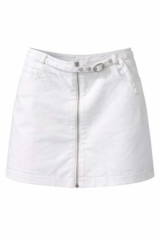 White Denim Zip Up Belted Mini Skirt