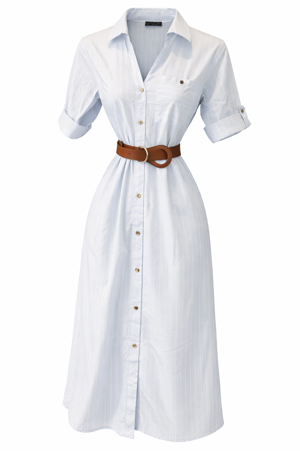 Belted Striped Button Midi Dress