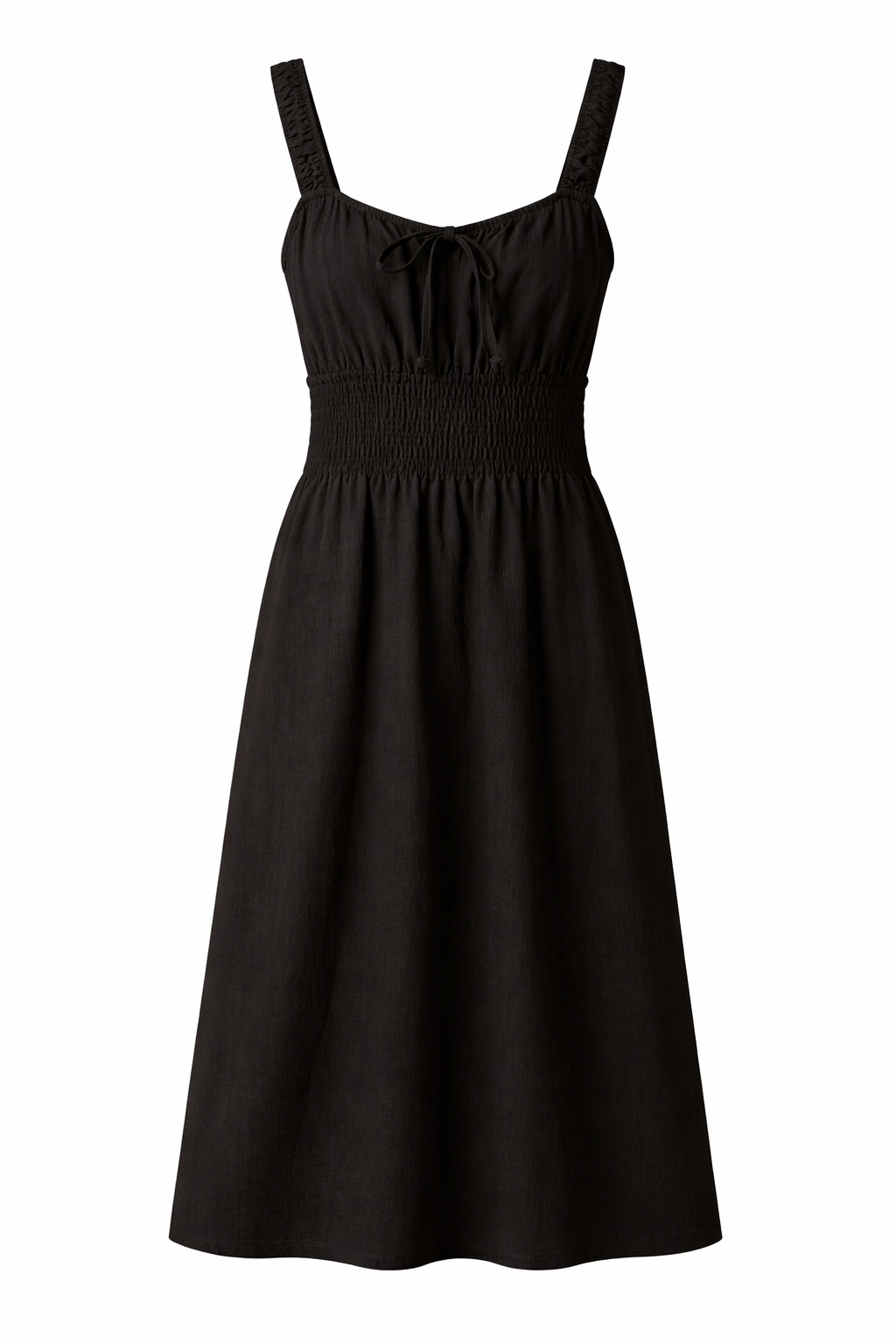Linen Smock Tie Front Midi Dress