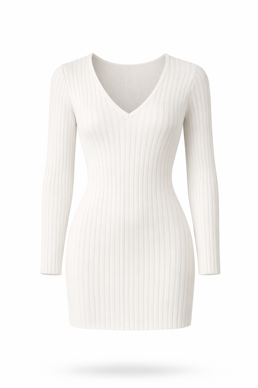 White V-Cut Sweater Dress