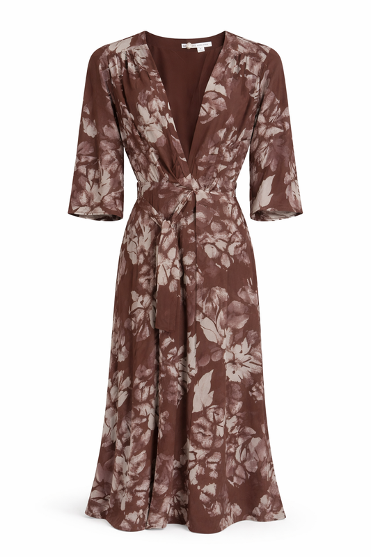 Brown Chiffon Floral Maxi Wrap Dress