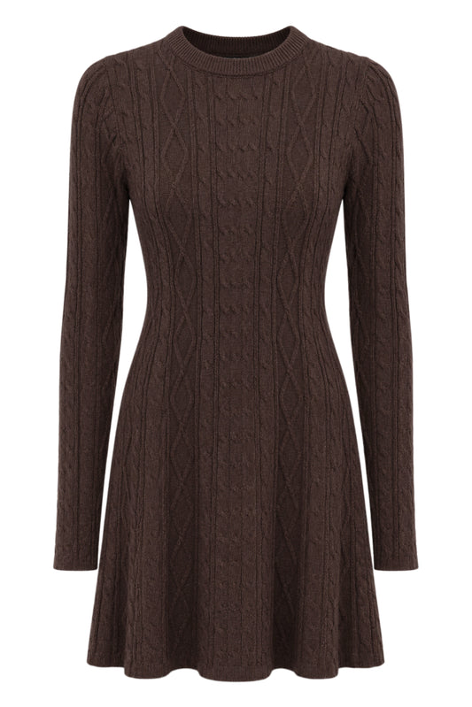 Brown Cable Knit Flare Mini Dress