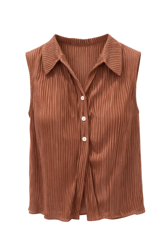 Brown Silk Pleated Button Top