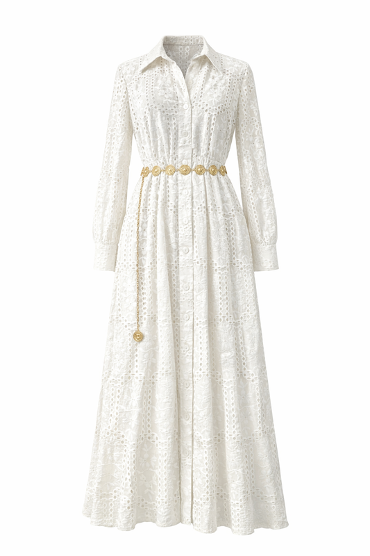 Cream LUX Eyelet  Chain Belt Maxi Dress