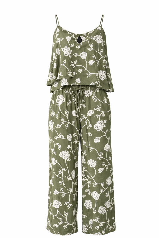 Olive Embroidered Floral Pants Set