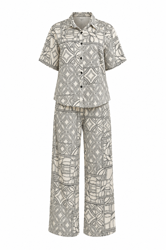 Print Front Button Down Top and Pants Set