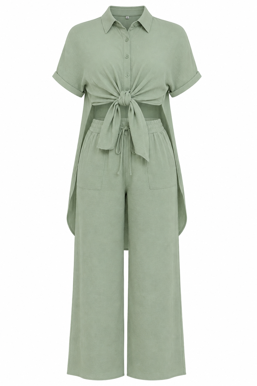 Button Down Back Slit Two Piece Pants Set