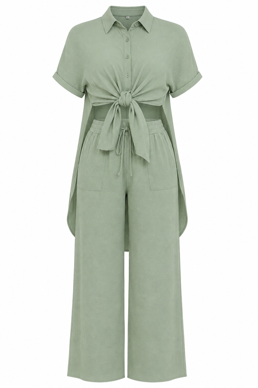 Button Down Back Slit Two Piece Pants Set