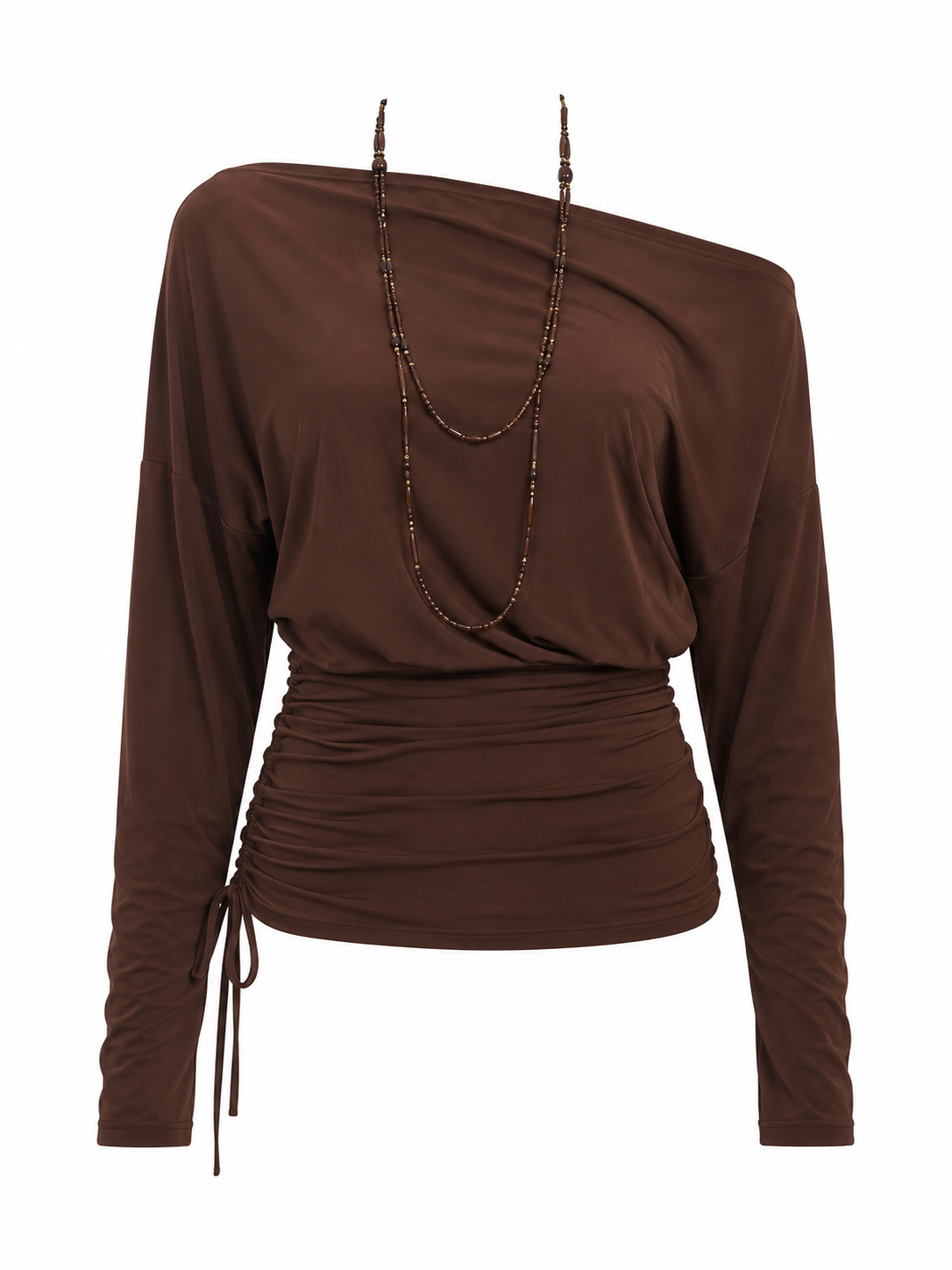 Off the Shoulder Side Scrunch Long Sleeve Top With Necklace