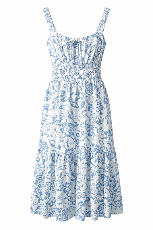 Blue Floral Sun Dress Smock Midi