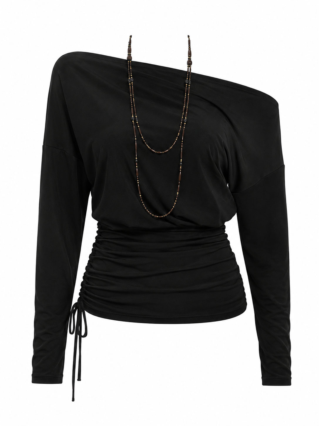 Off the Shoulder Side Scrunch Long Sleeve Top With Necklace