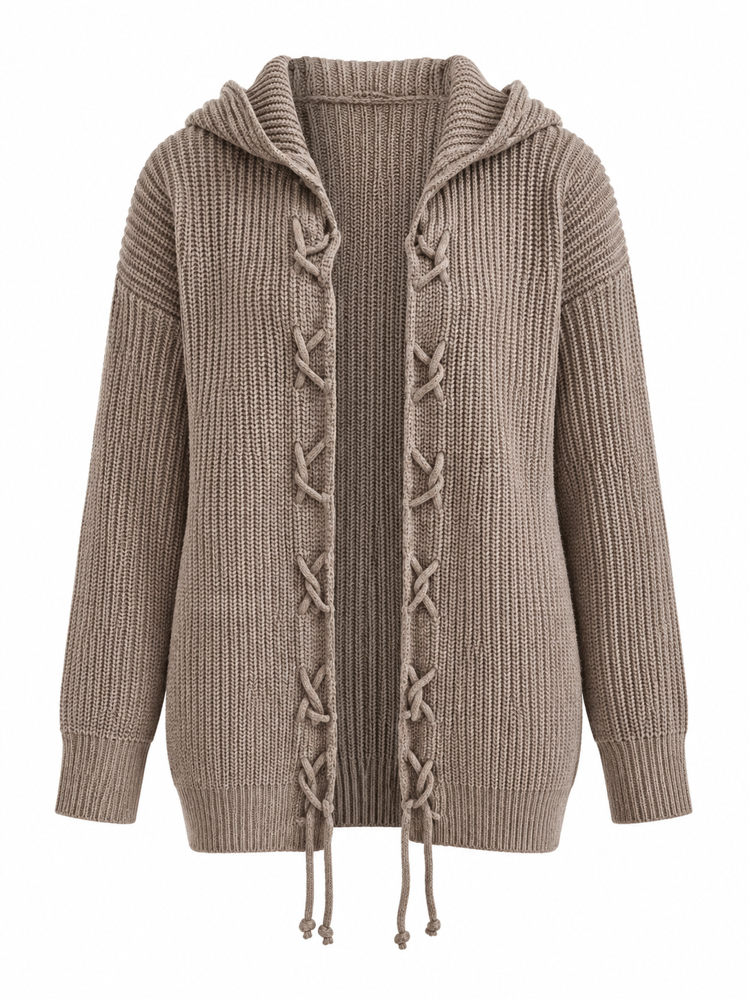 Taupe Laced Hooded Knit Sweater