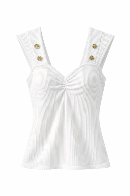 White Gold Button Ribbed Top