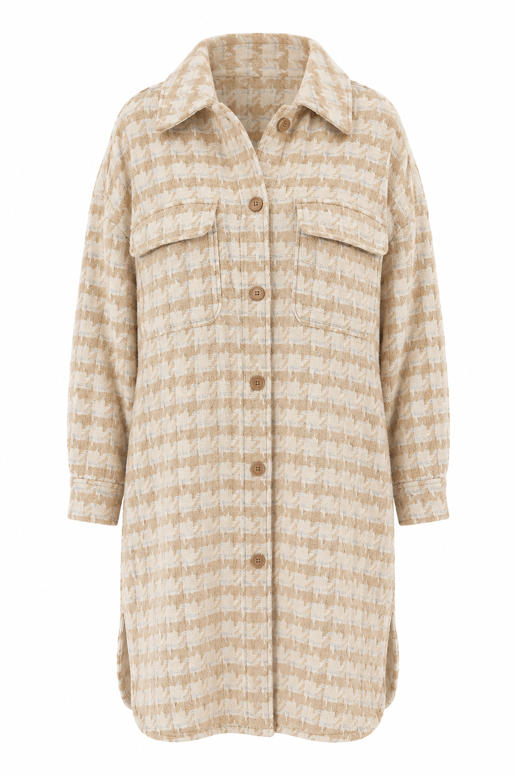 Beige Houndstooth Thick Button Shacket
