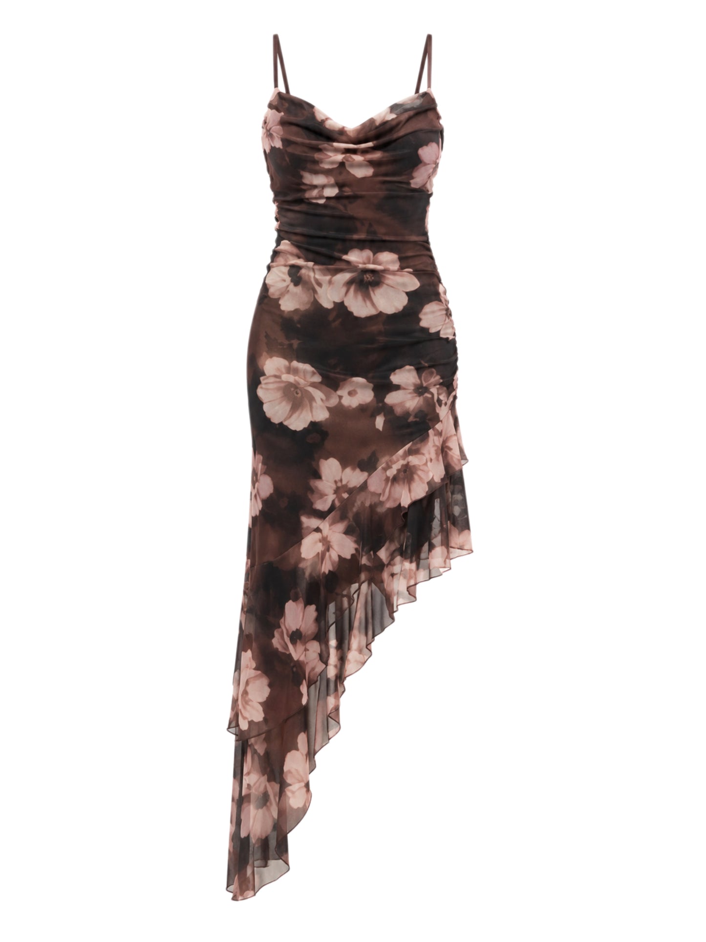 Floral Print Ruffle Asymmetrical Mesh Dress
