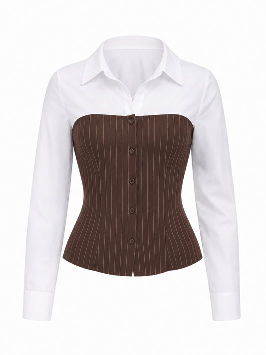 Button Up Brown Pinstripe Tube Top Shirt