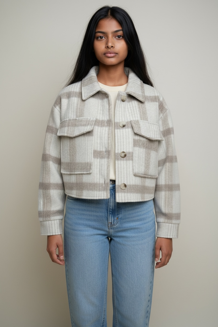 Beige plaid cropped shacket