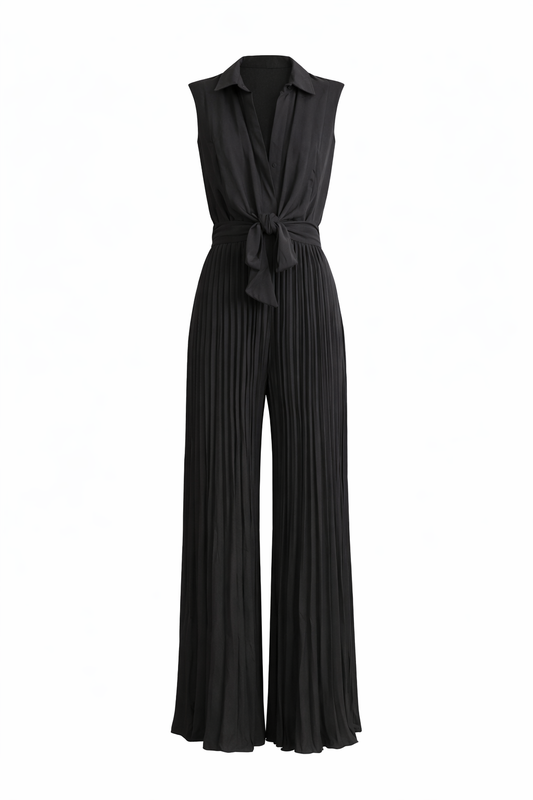Pleated Leg Tie Jumpsuit