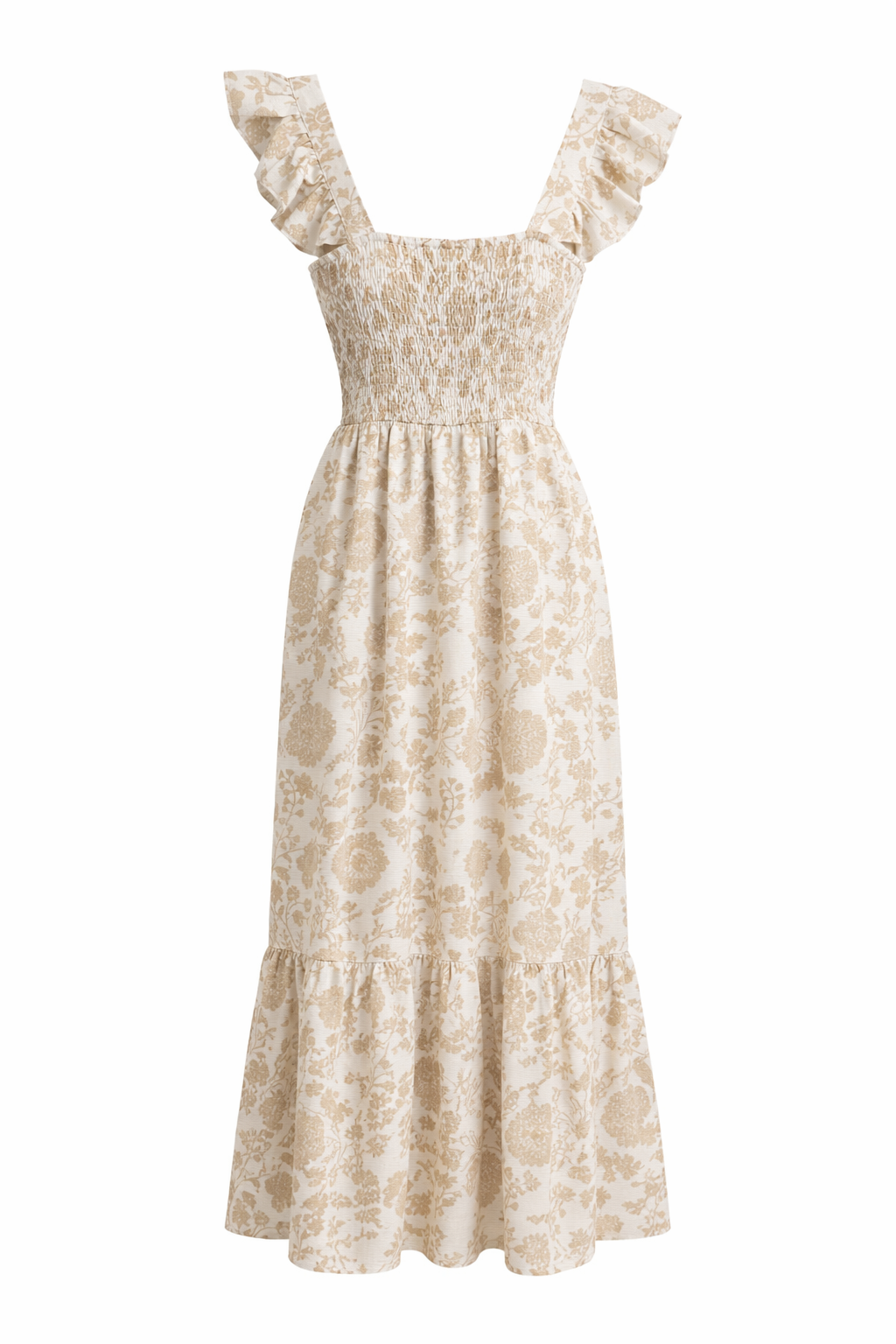 White With Beige Floral Textured Maxi Dress