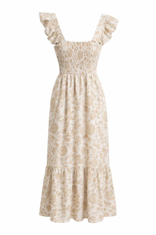 White With Beige Floral Textured Maxi Dress