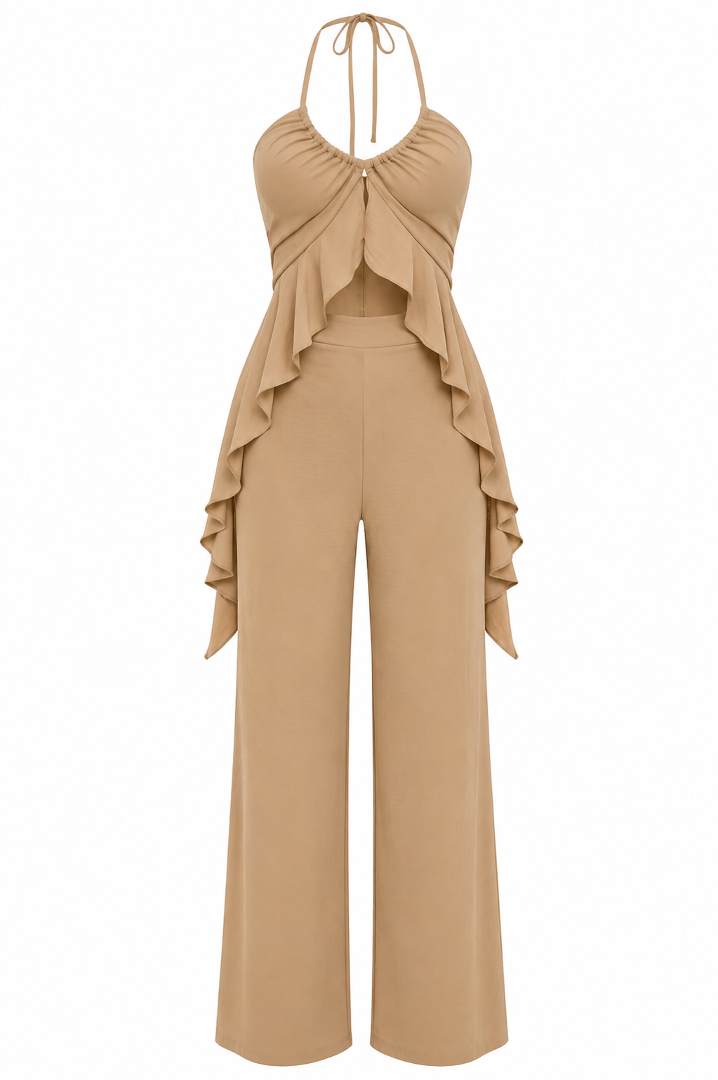 Front Ruffle Hem Halter Tie Top and Pants Set
