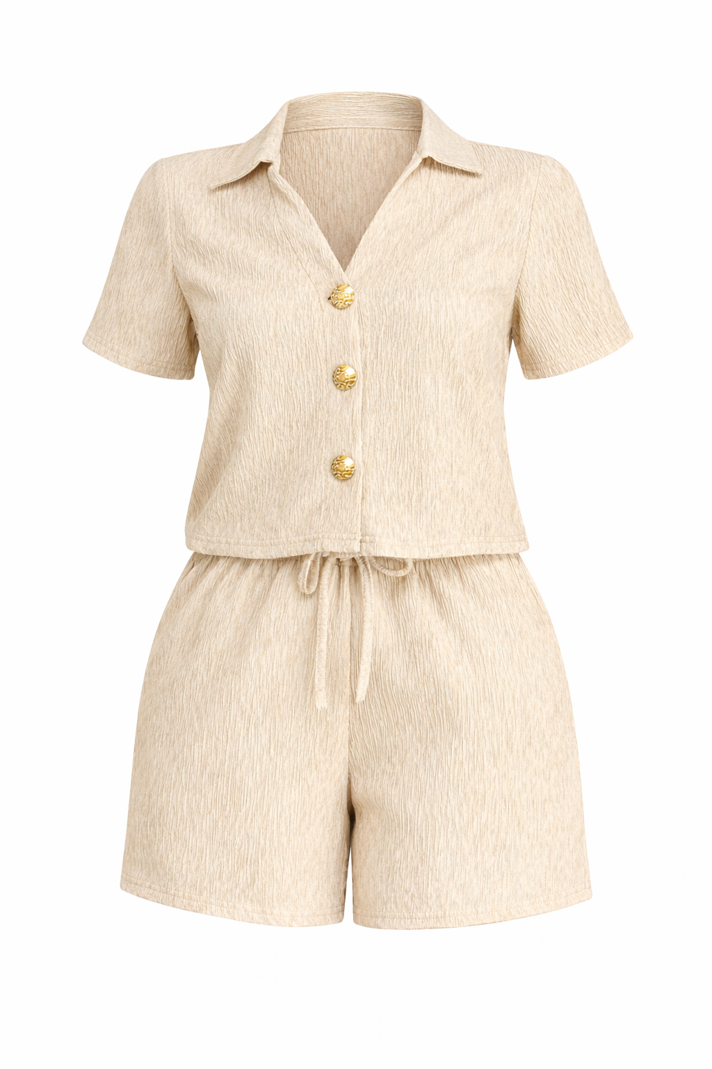 Textured Two Piece Shorts Set With Textured Gold Buttons