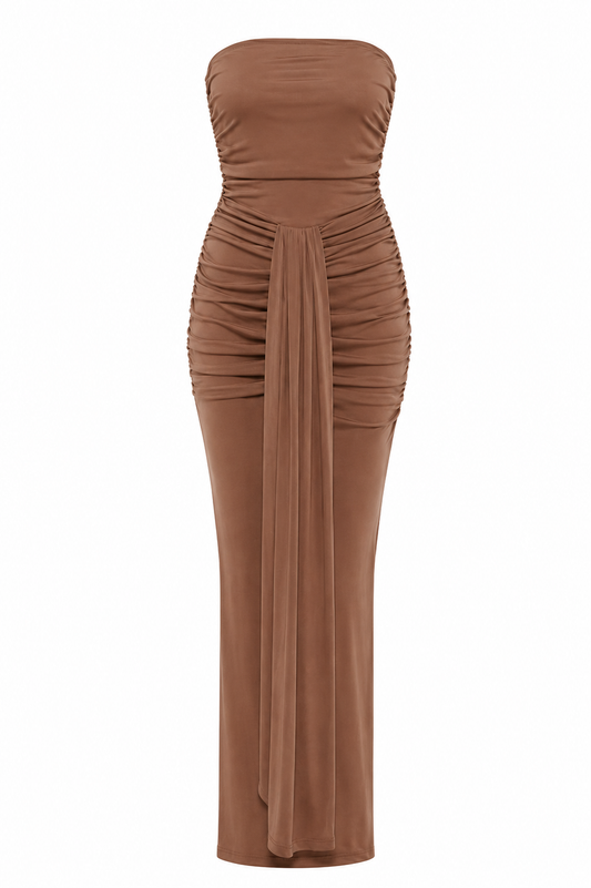 Mesh Strapless Drape Maxi Dress