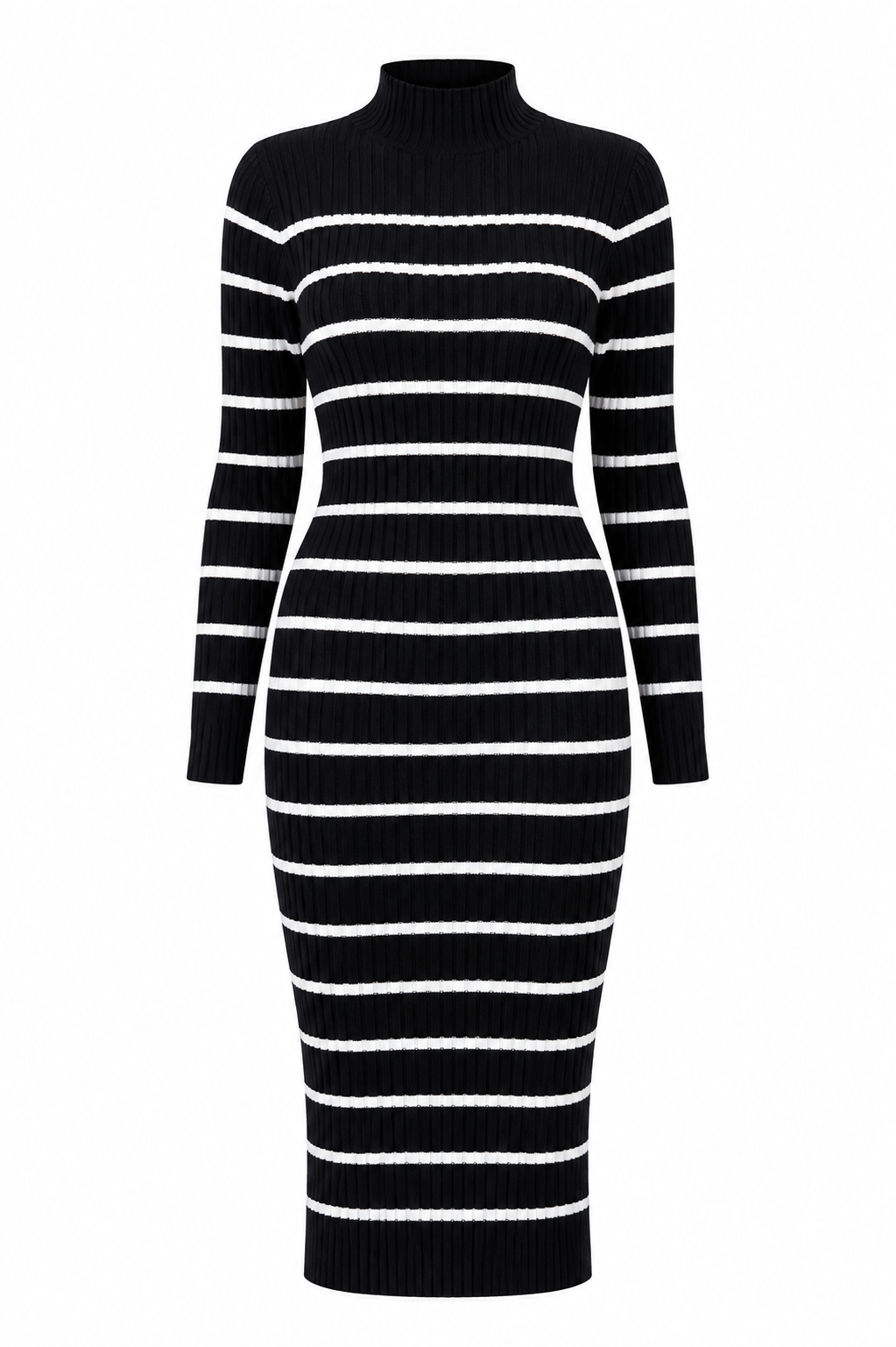 Striped Turtleneck Ribbed Sweater Dress