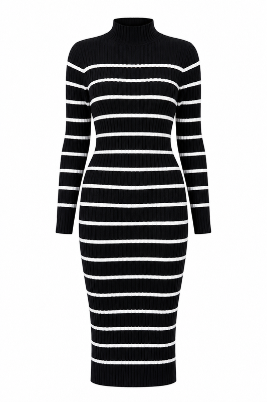 Striped Turtleneck Ribbed Sweater Dress