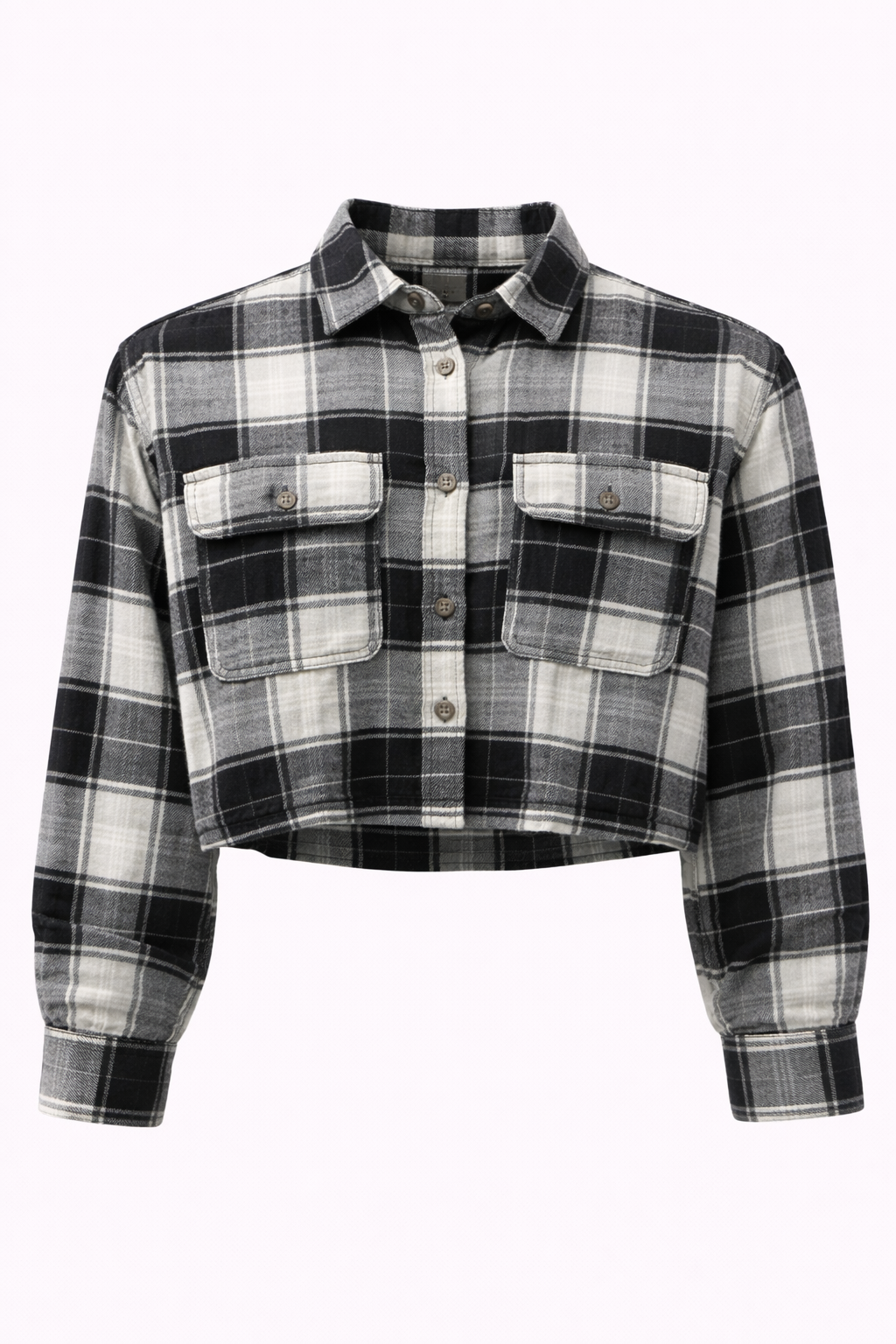 Button Pocket Crop Plaid Flannel