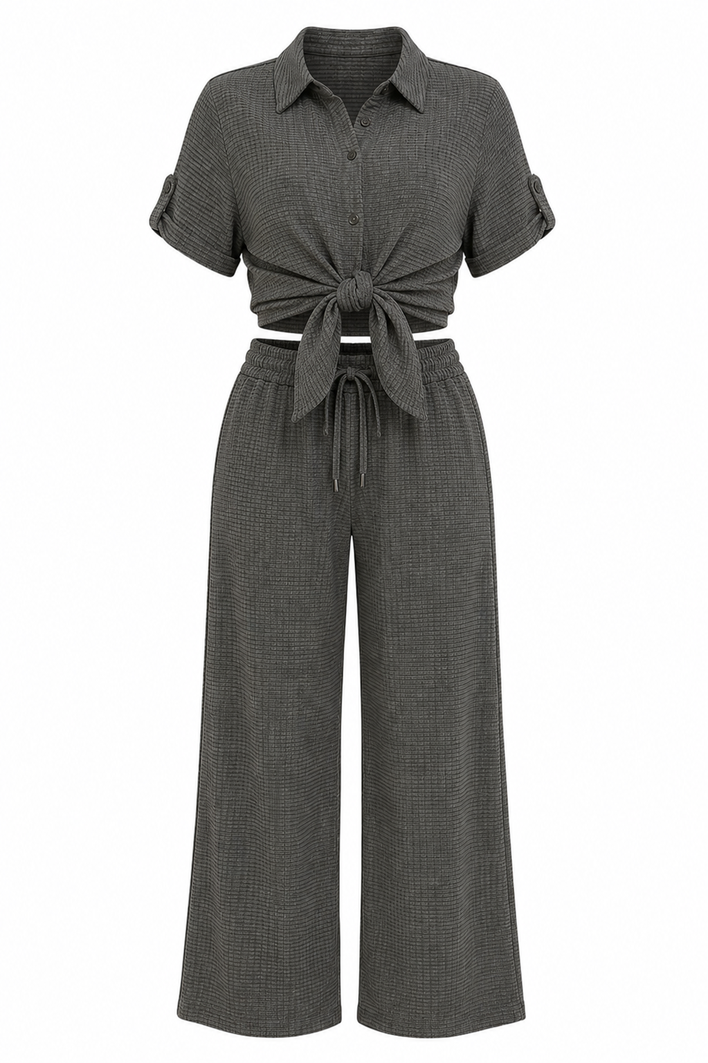 Textured Button Down Pants Two Piece Set