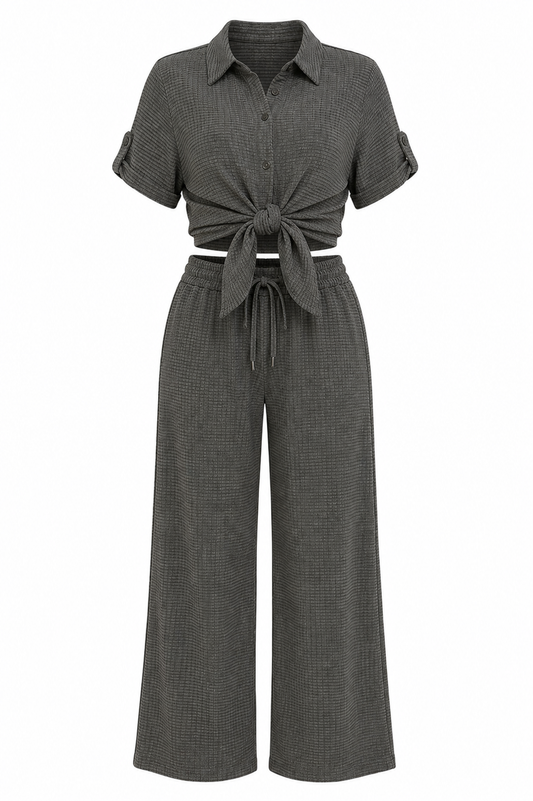 Textured Button Down Pants Two Piece Set