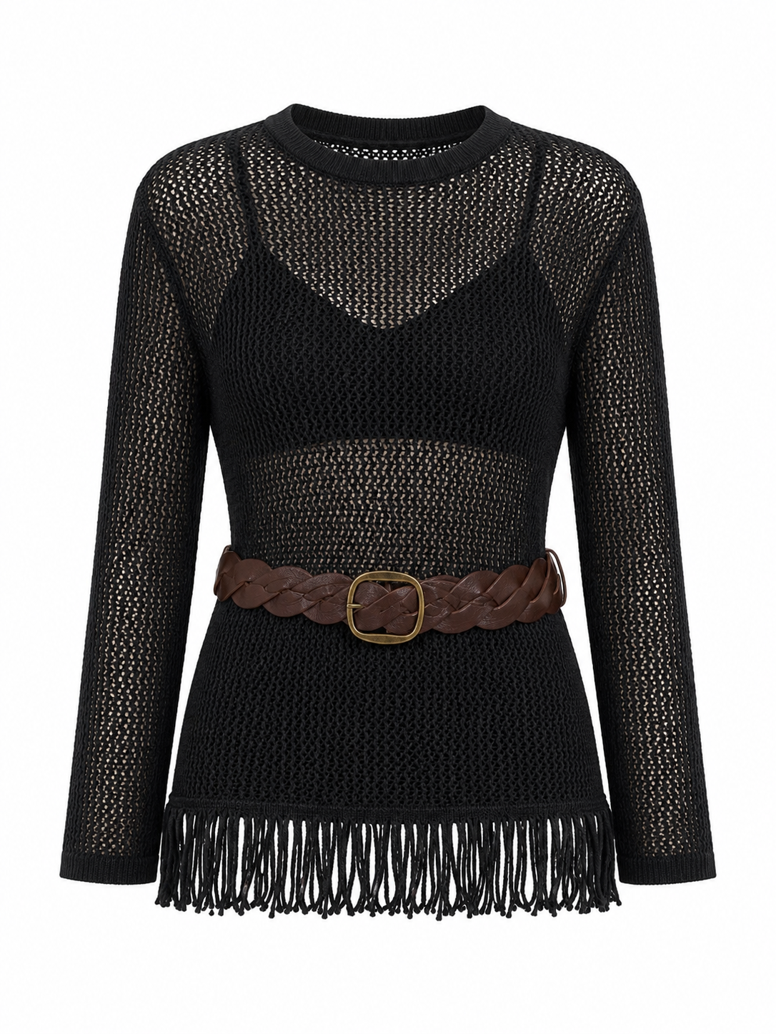 Crochet Fringe Belted Sweater