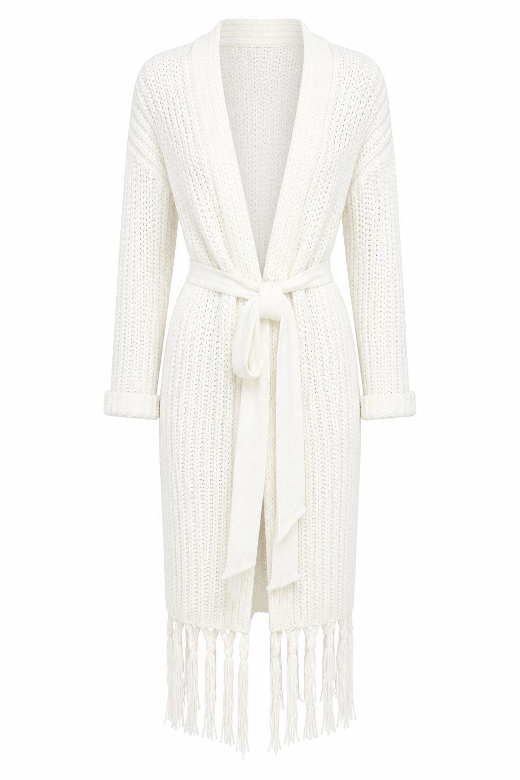 Long Thick Knit Fringe Tie Cardigan
