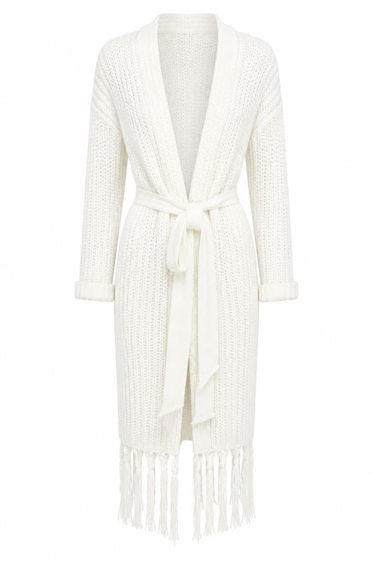 Long Thick Knit Fringe Tie Cardigan