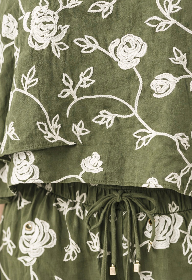 Olive Embroidered Floral Pants Set