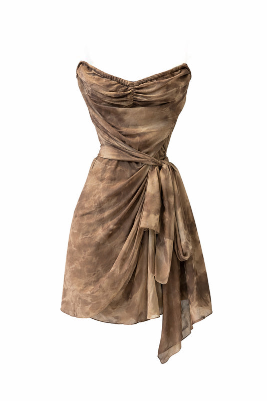 Mocha Mesh Tie Strapless Tier Mini Dress
