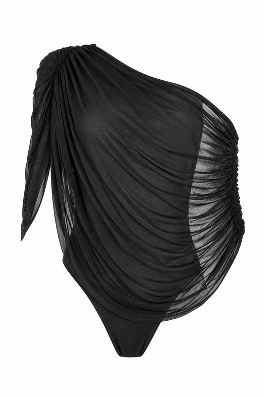 Drape Off Shoulder Ruched Bodysuit