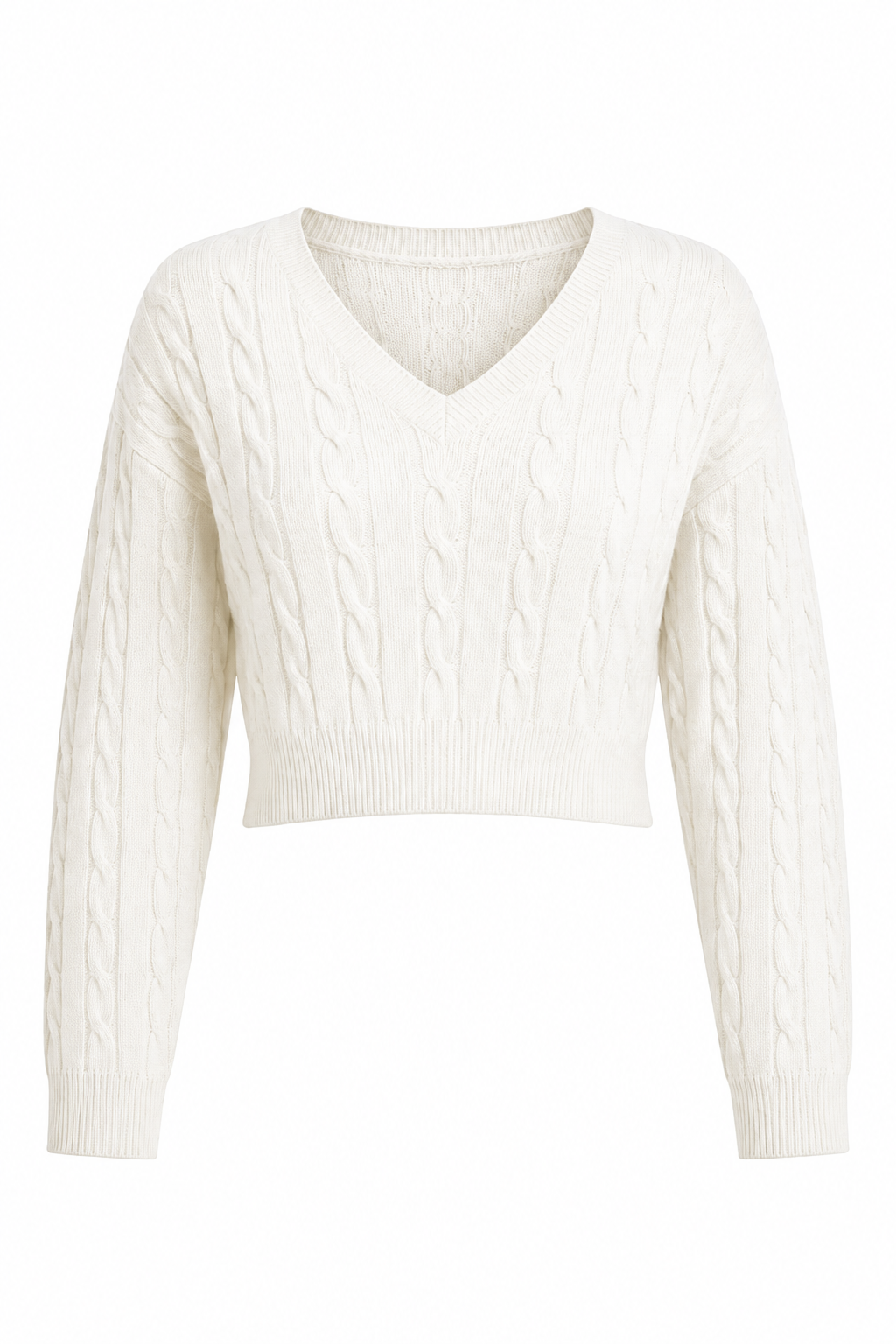Cable Knit V Neck Cropped Sweater