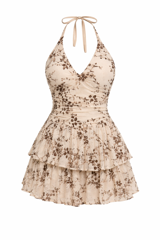 Cream & Brown Floral Mesh Side Scrunch Halter Romper Dress