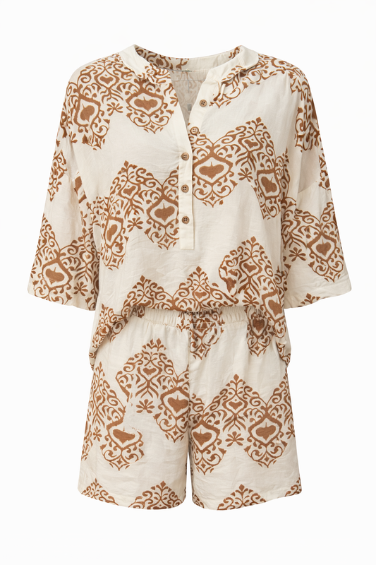 White & Tan Boho Printed Shorts Set