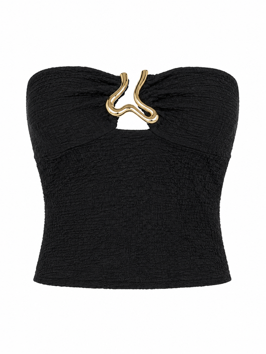 Black Textured Gold Accent Strapless Top