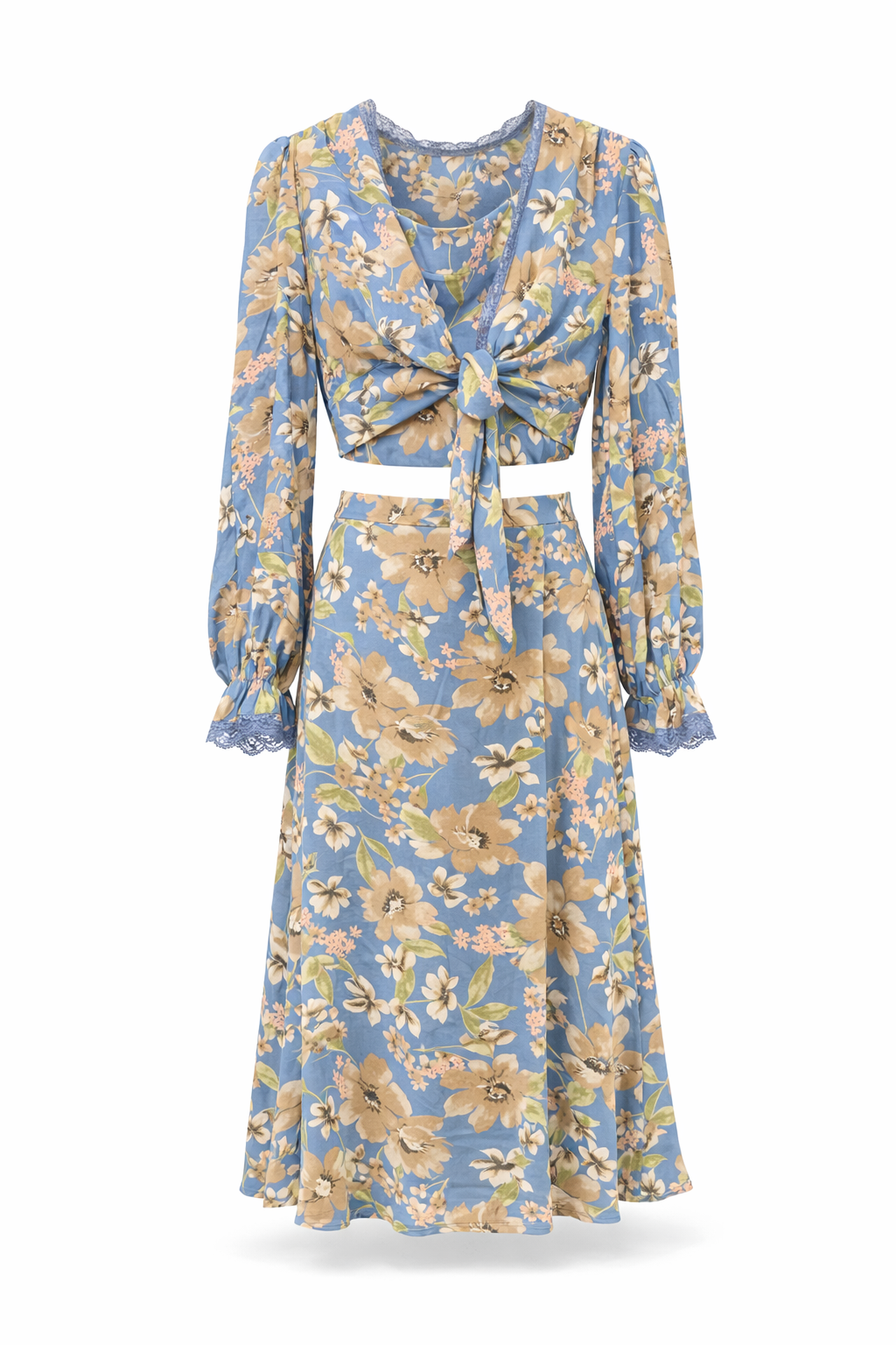 Blue Lace Floral Chiffon Skirt Set