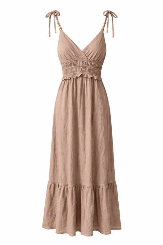 Beaded Linen Tie Maxi Dress