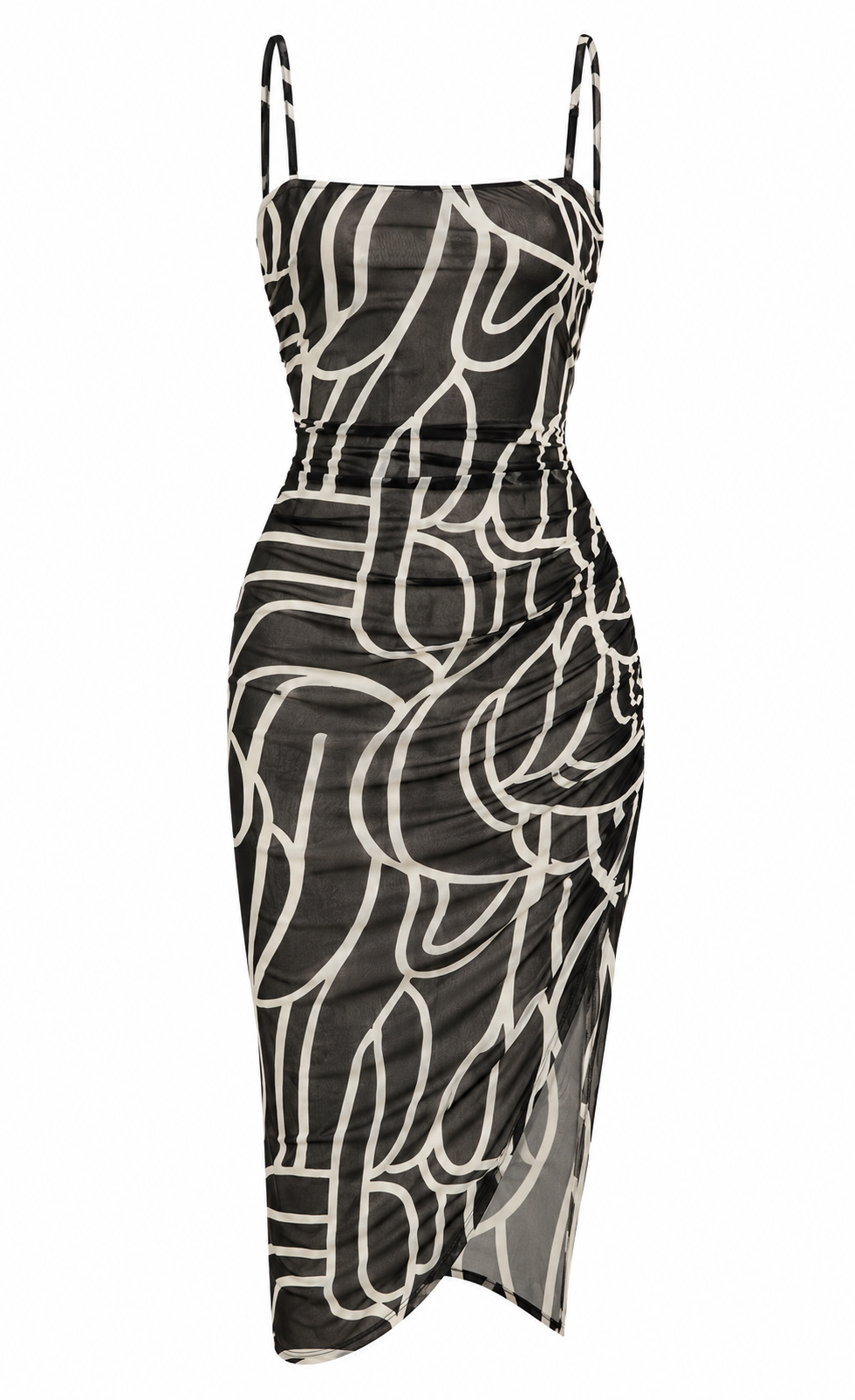 Mesh Scribble Print Back Lave Up Midi Scrunch Dress