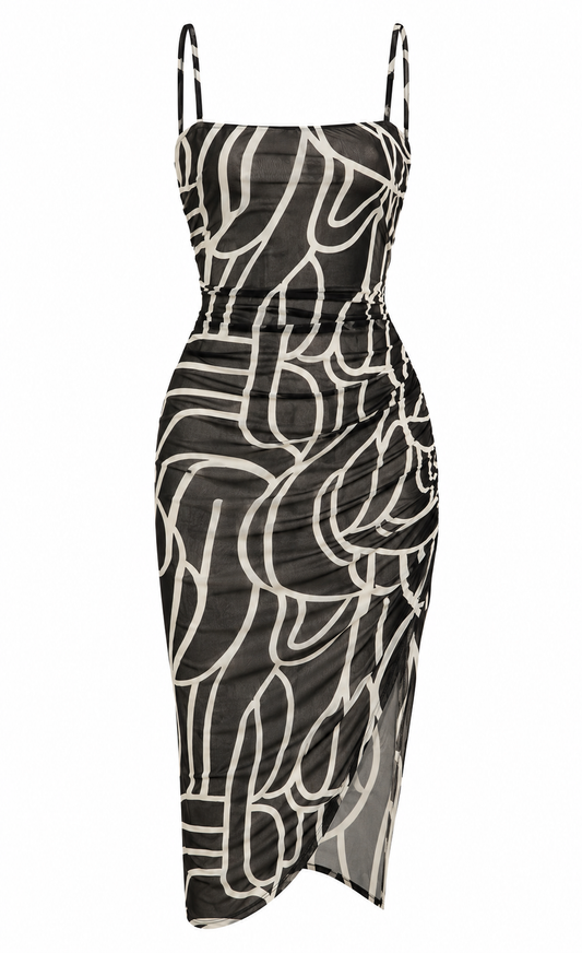 Mesh Scribble Print Back Lave Up Midi Scrunch Dress