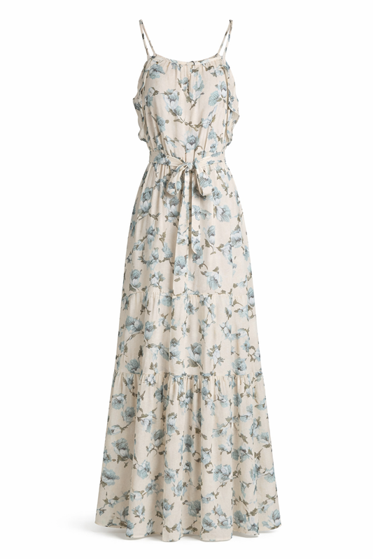 Pink Floral Tie Ruffle Maxi Dress